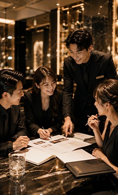 キャストとスタッフが売り上げを相談している様子
